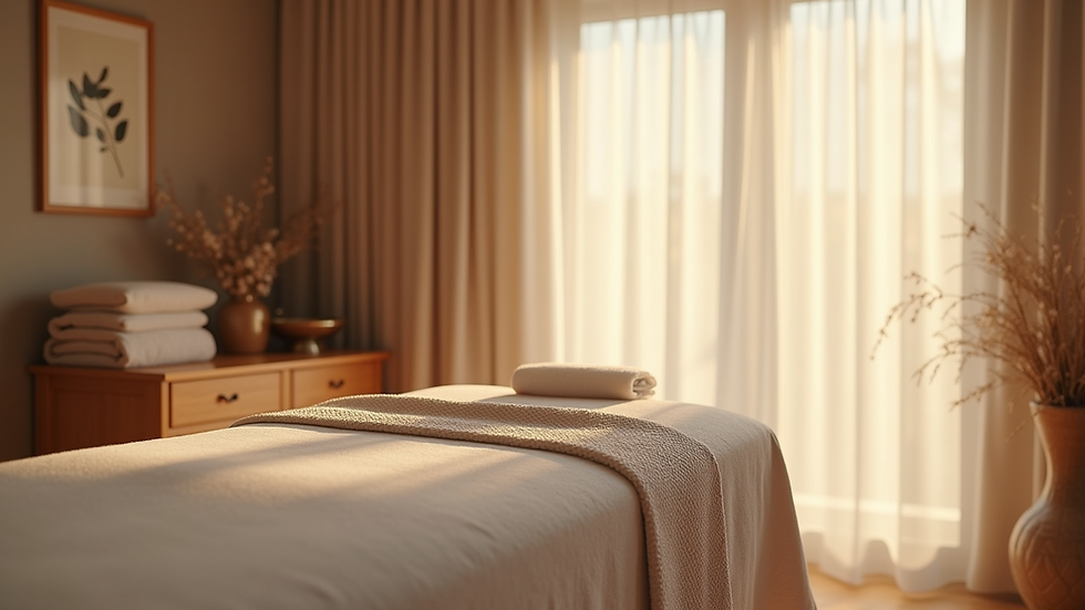 Eye-level view of a calm therapy room with a massage table and soft lighting