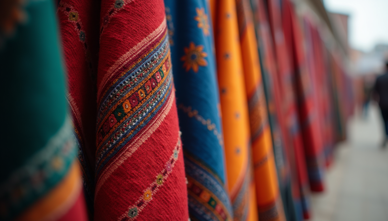 Close-up of colorful traditional Naga shawls hanging on display