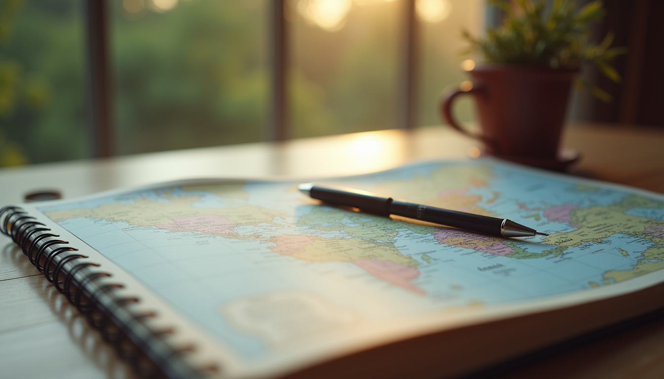 Eye-level view of a travel itinerary with maps and notes
