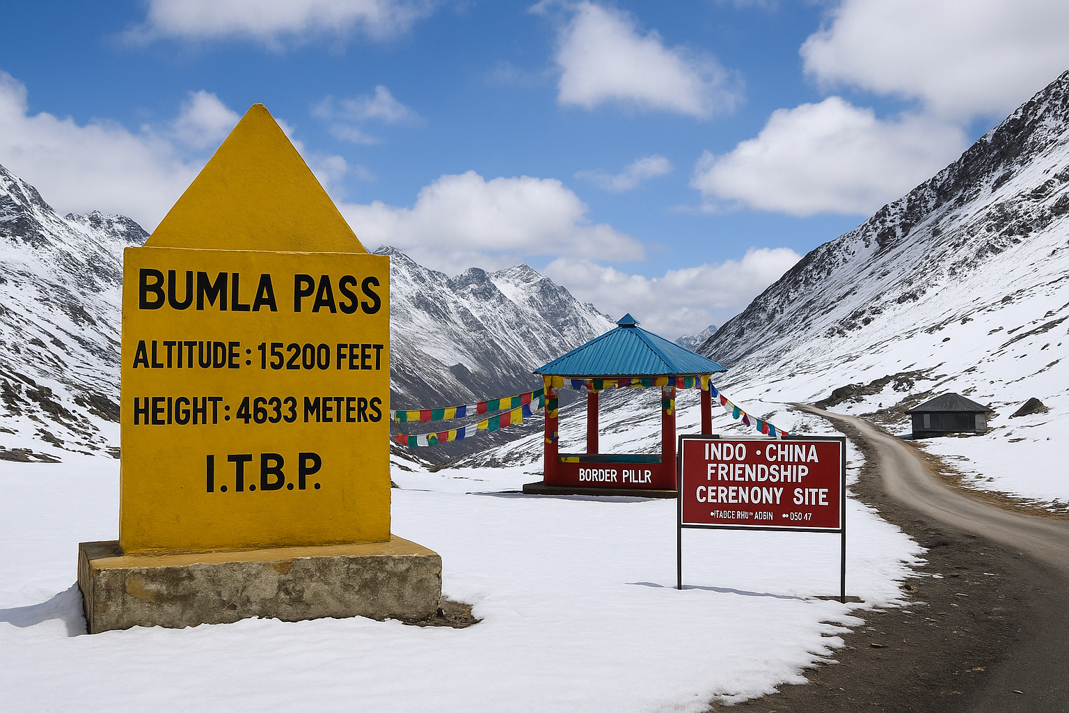 Snow at Bumla Pass border pillar
