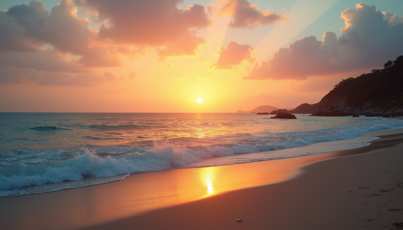 Wide angle view of a serene beach at sunset