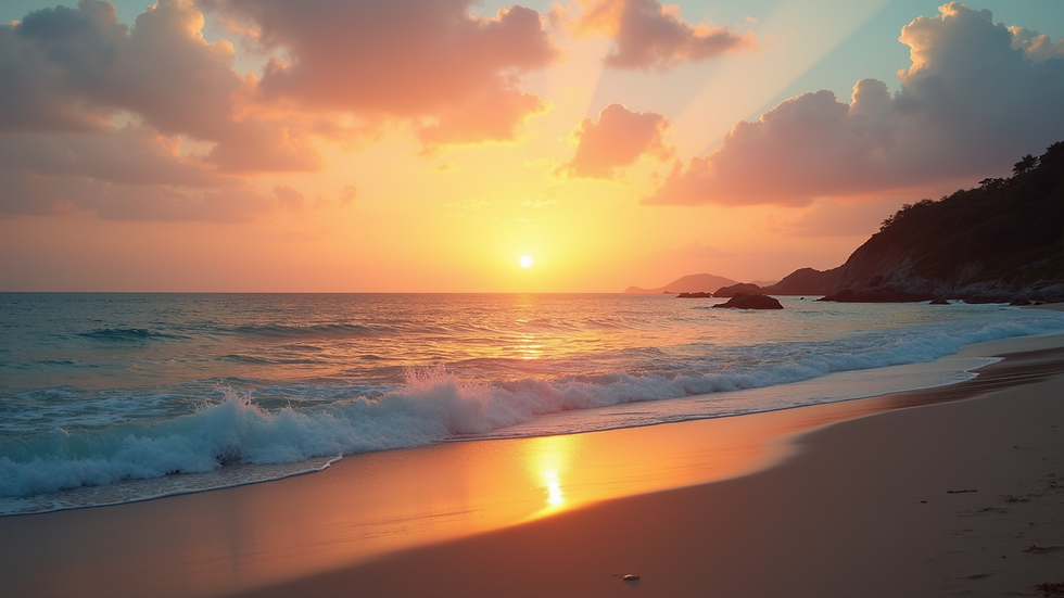 Wide angle view of a serene beach at sunset
