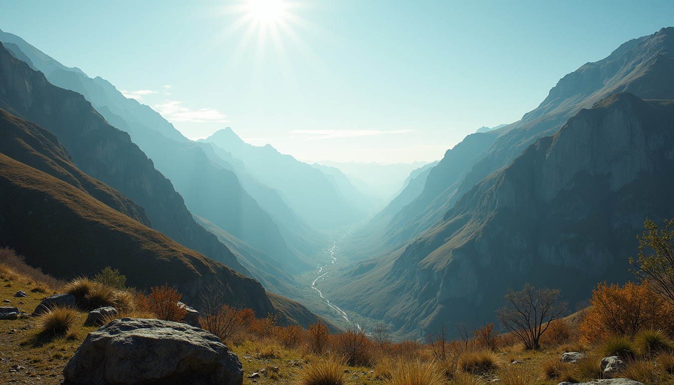 Eye-level view of scenic mountains under a bright sky