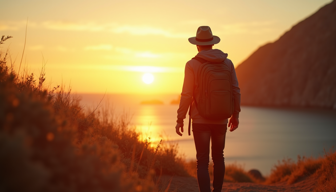 Eye-level view of a traveler enjoying a scenic sunrise during vacation