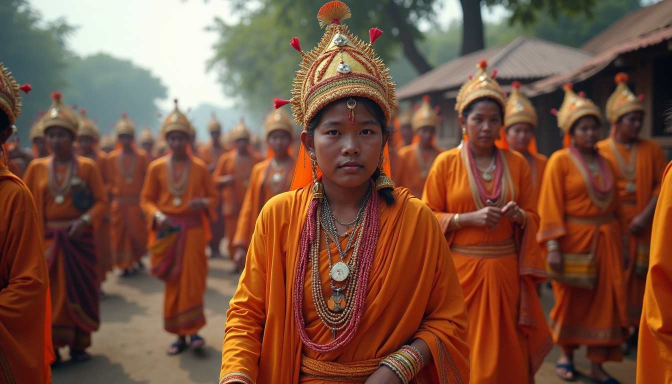 Wide angle view of a vibrant traditional festival in Northeast India