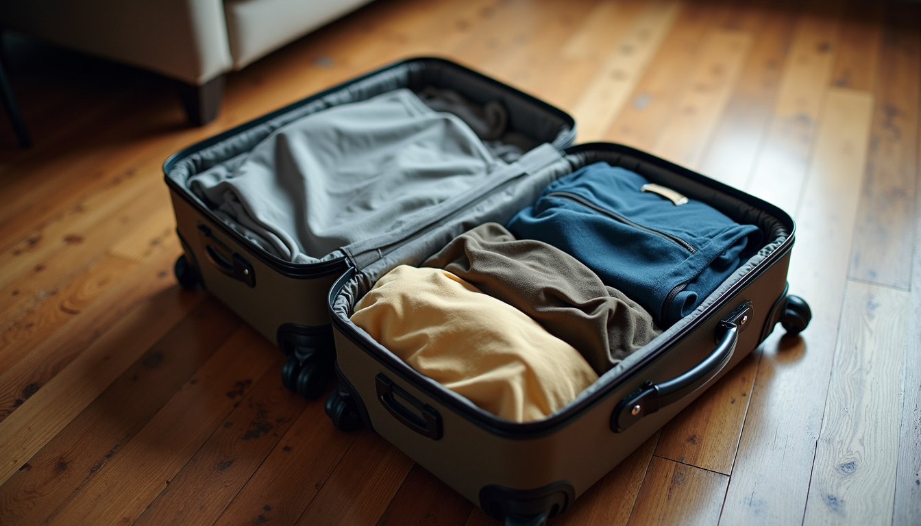 High angle view of a packed suitcase ready for travel
