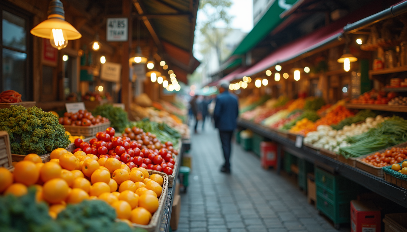 Wide angle view of a bustling local market filled with fresh produce
