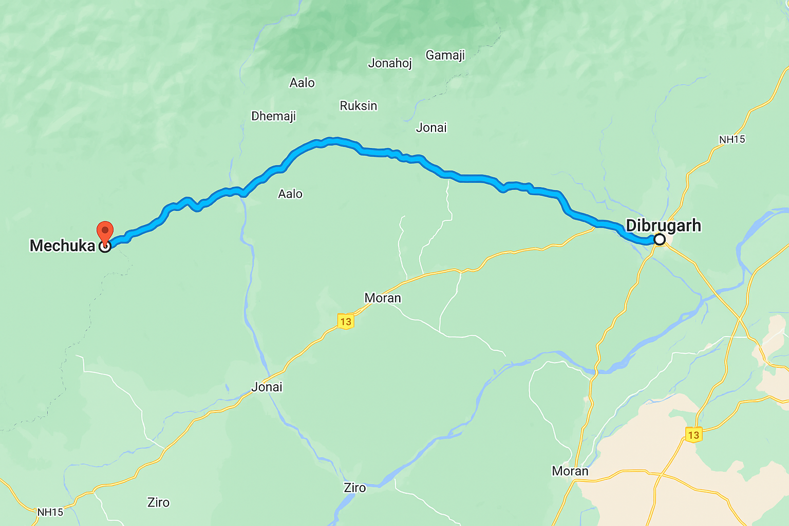 Map showing Dibrugarh to Mechuka