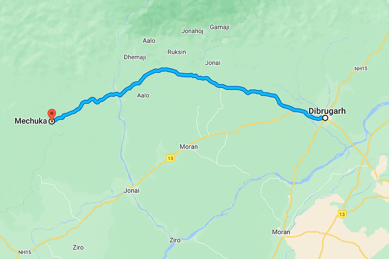 Map showing Dibrugarh to Mechuka