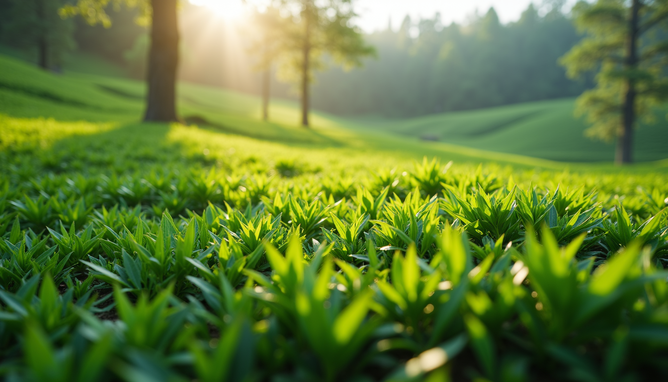 Wide angle view of lush green tea gardens