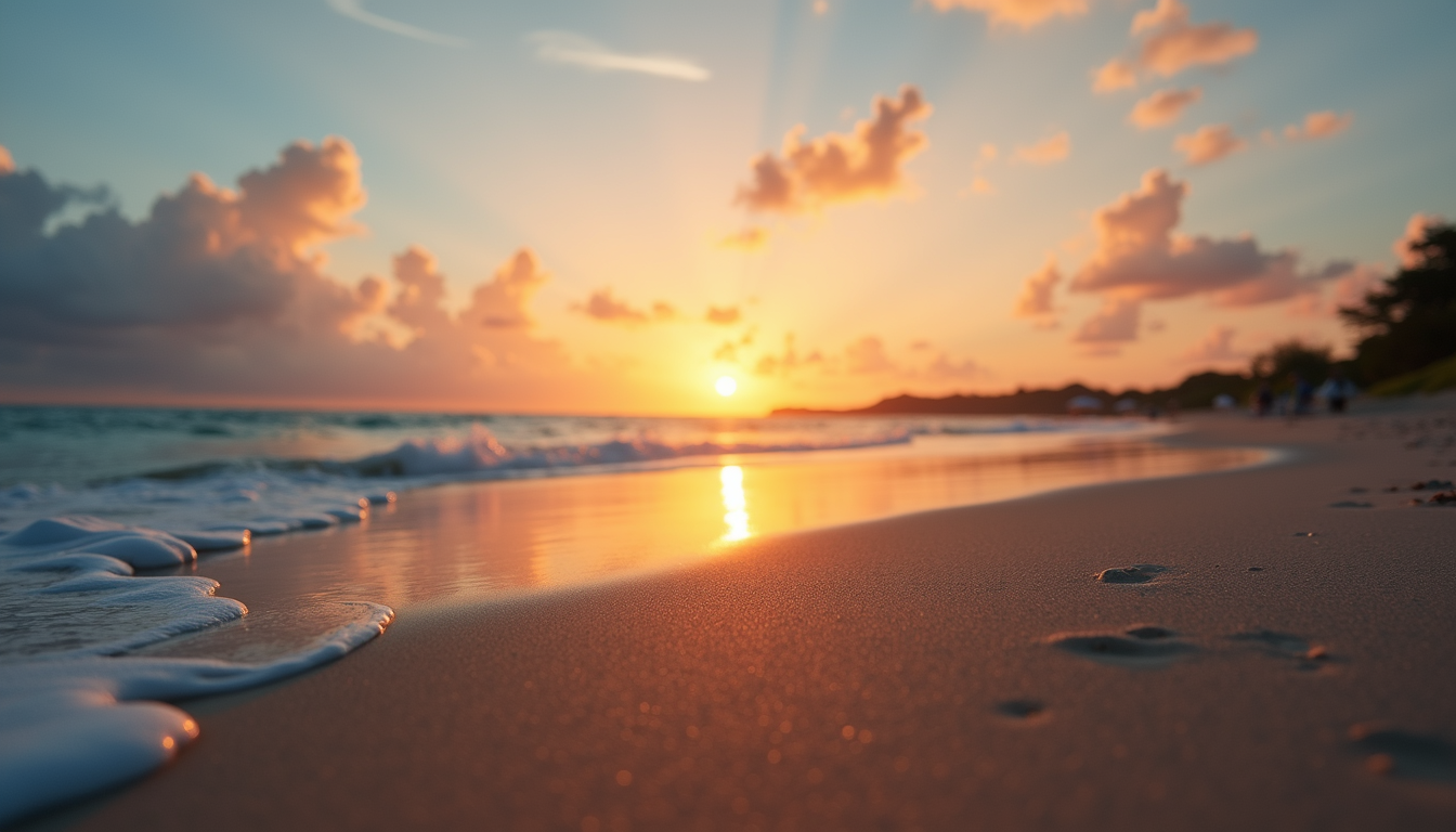 Eye-level view of a tranquil beach sunset