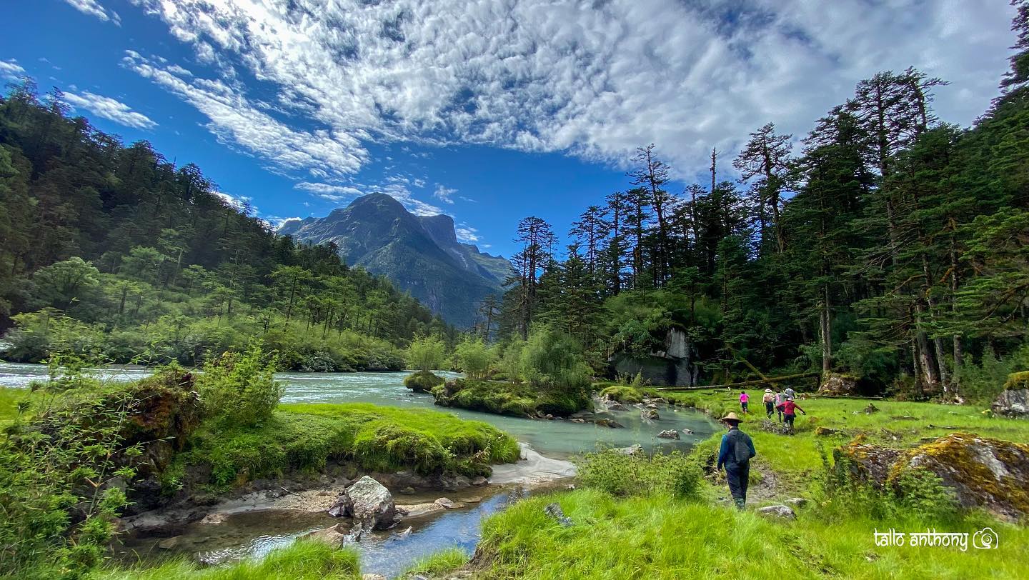 Zawru Valley landscape with dense green forests, mountain peaks, and mist covering the valley floor in Arunachal Pradesh.