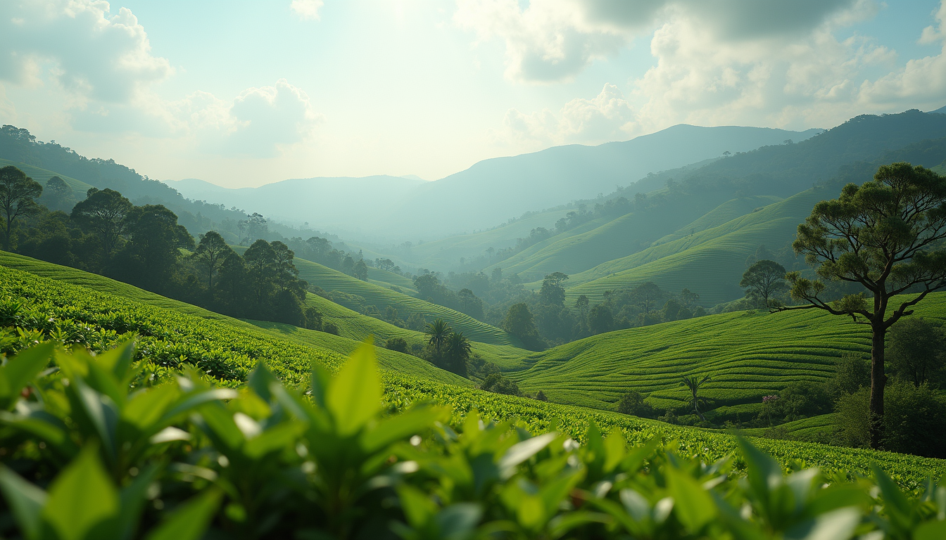 Eye-level view of distant hills and tea plantations