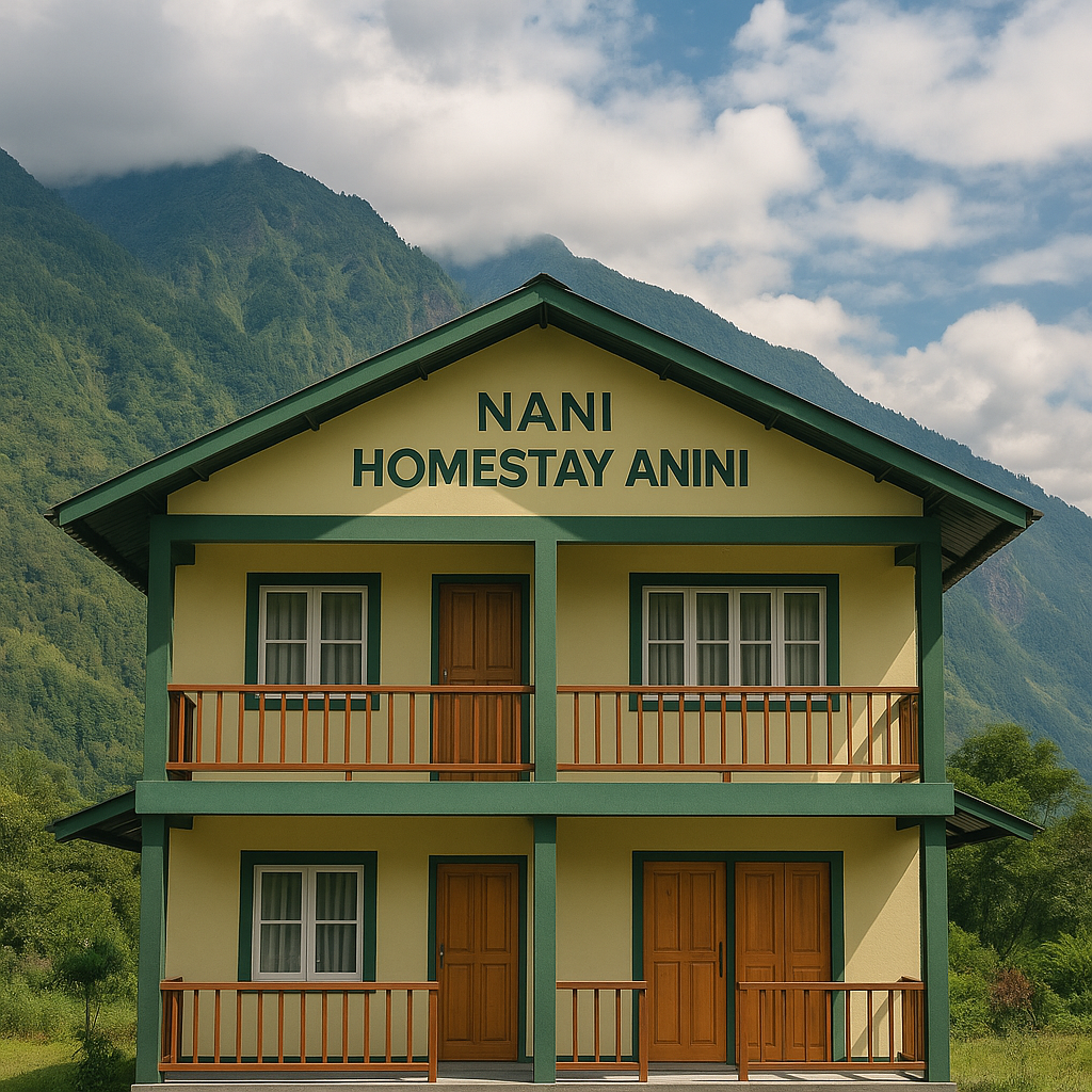 Two-story yellow and green building labeled "Nani Homestay Anini," set against a scenic mountain backdrop with lush greenery and a partly cloudy sky.