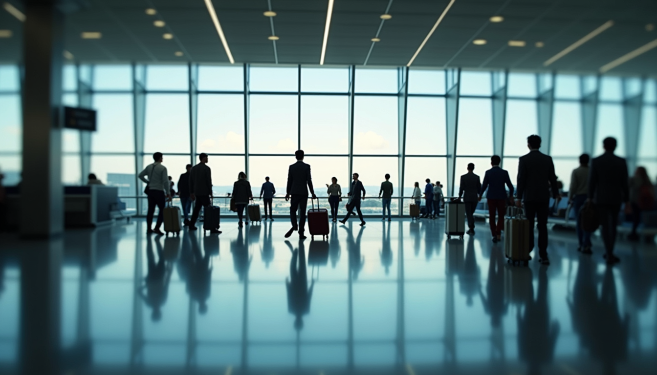 Eye-level view of a bustling airport terminal