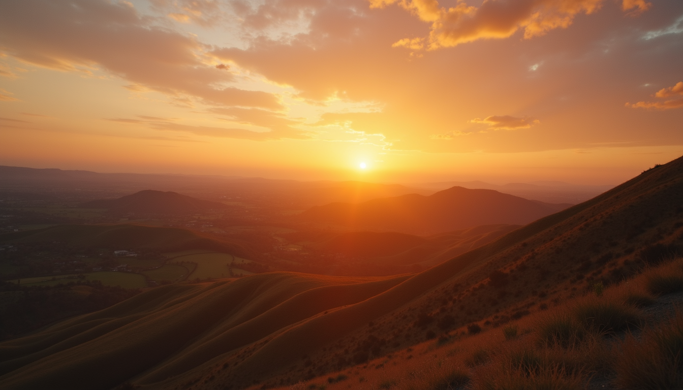 High angle view of a scenic landscape during sunset