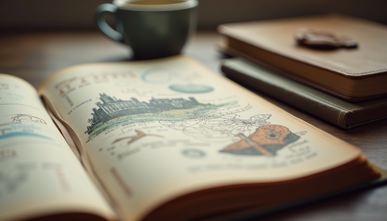 Close-up view of a travel journal with beautiful notes and sketches