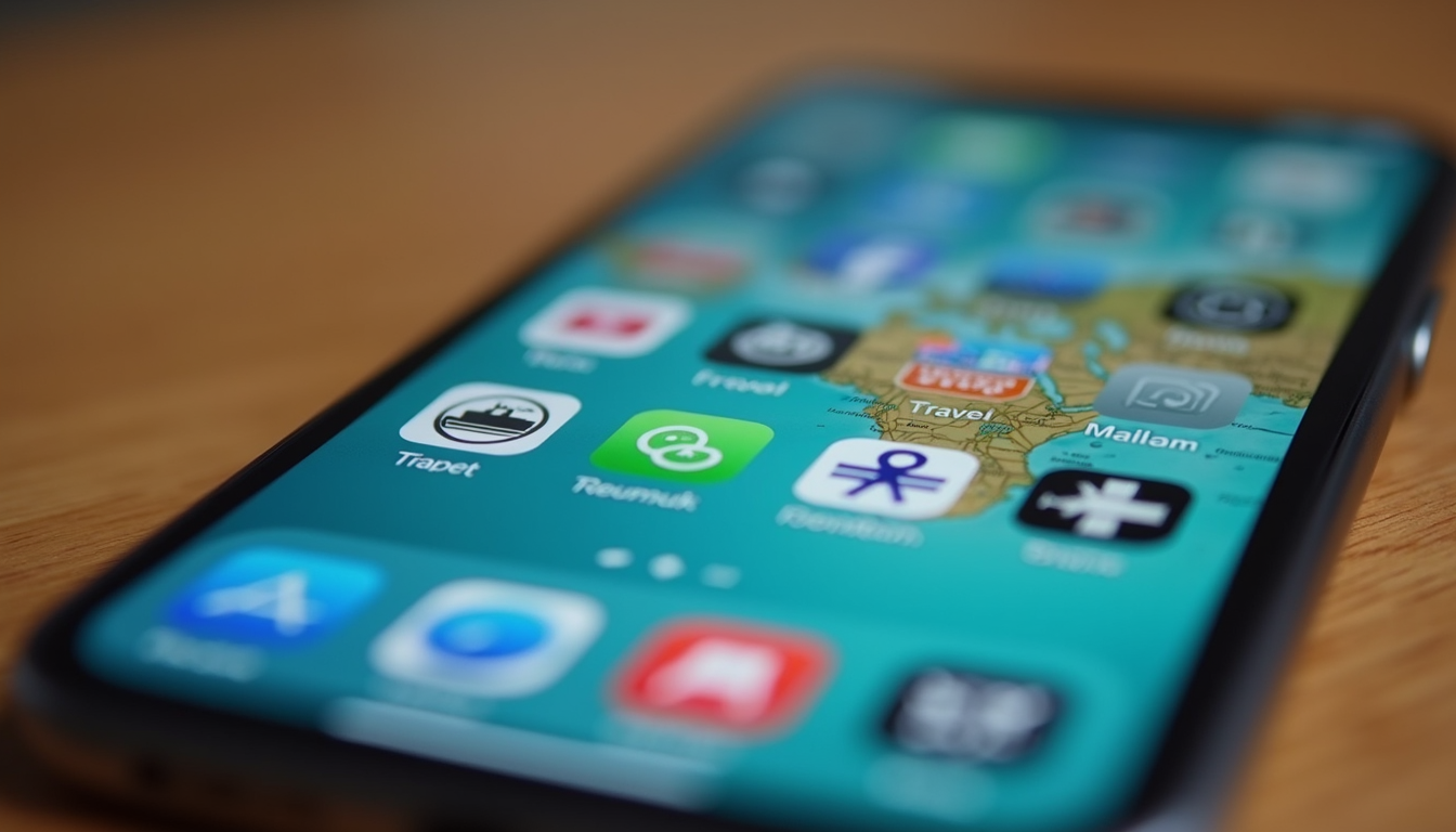Close-up view of popular travel apps on a smartphone