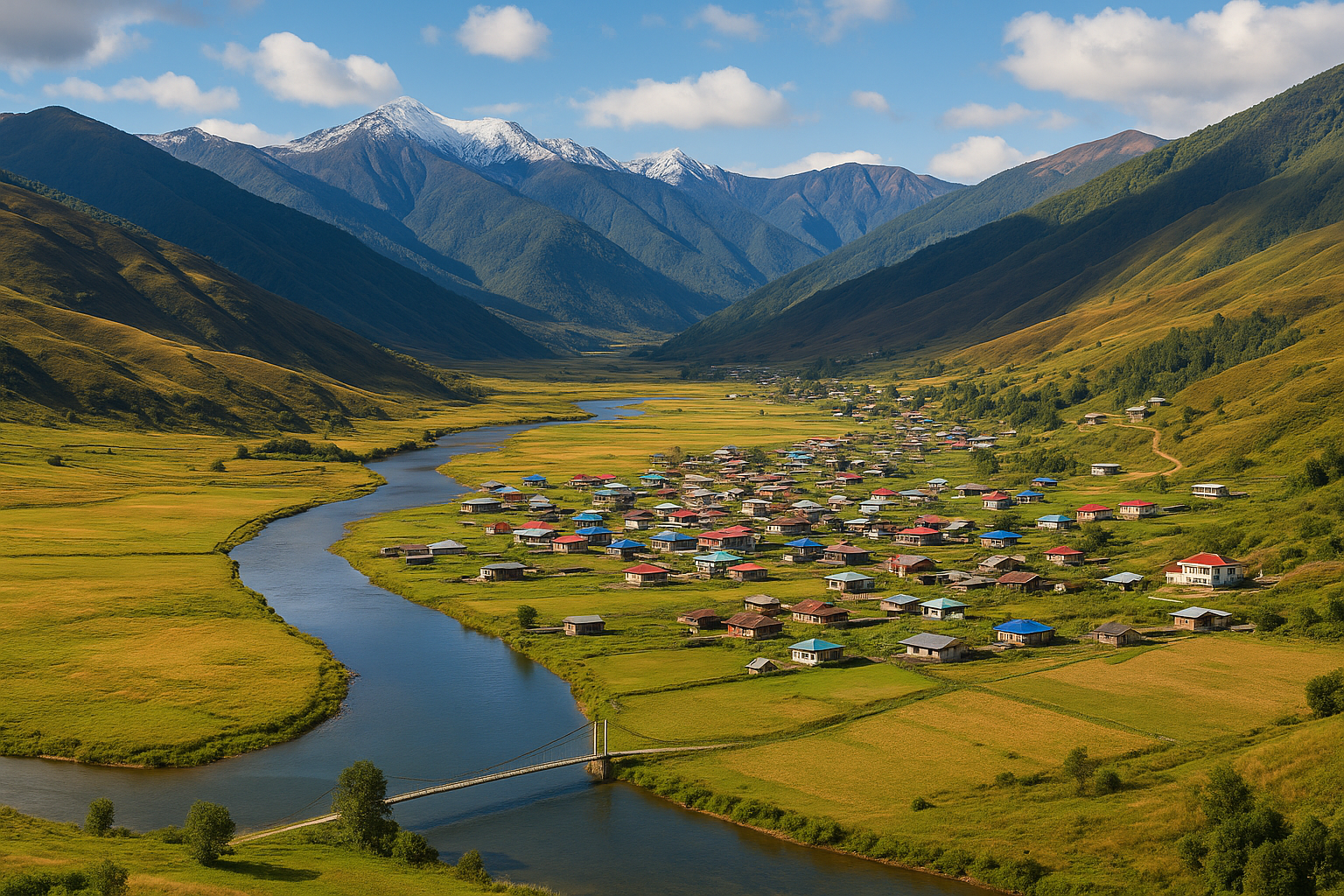 A panoramic view of Mechuka valley in Arunachal Pradesh, showing colorful houses scattered along a winding river, surrounded by golden meadows and lush green mountains with snow-capped peaks under a bright blue sky.