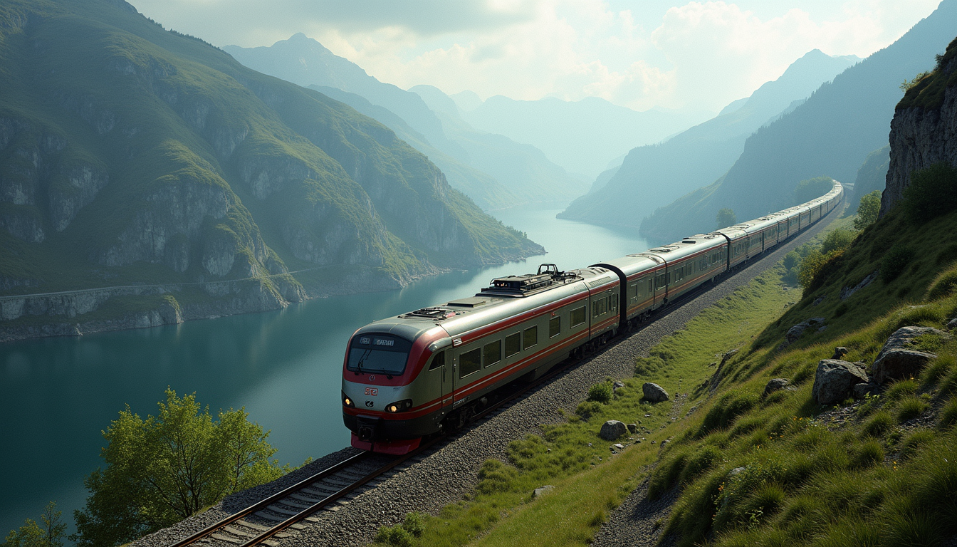 High angle view of a majestic train traveling through scenic mountains