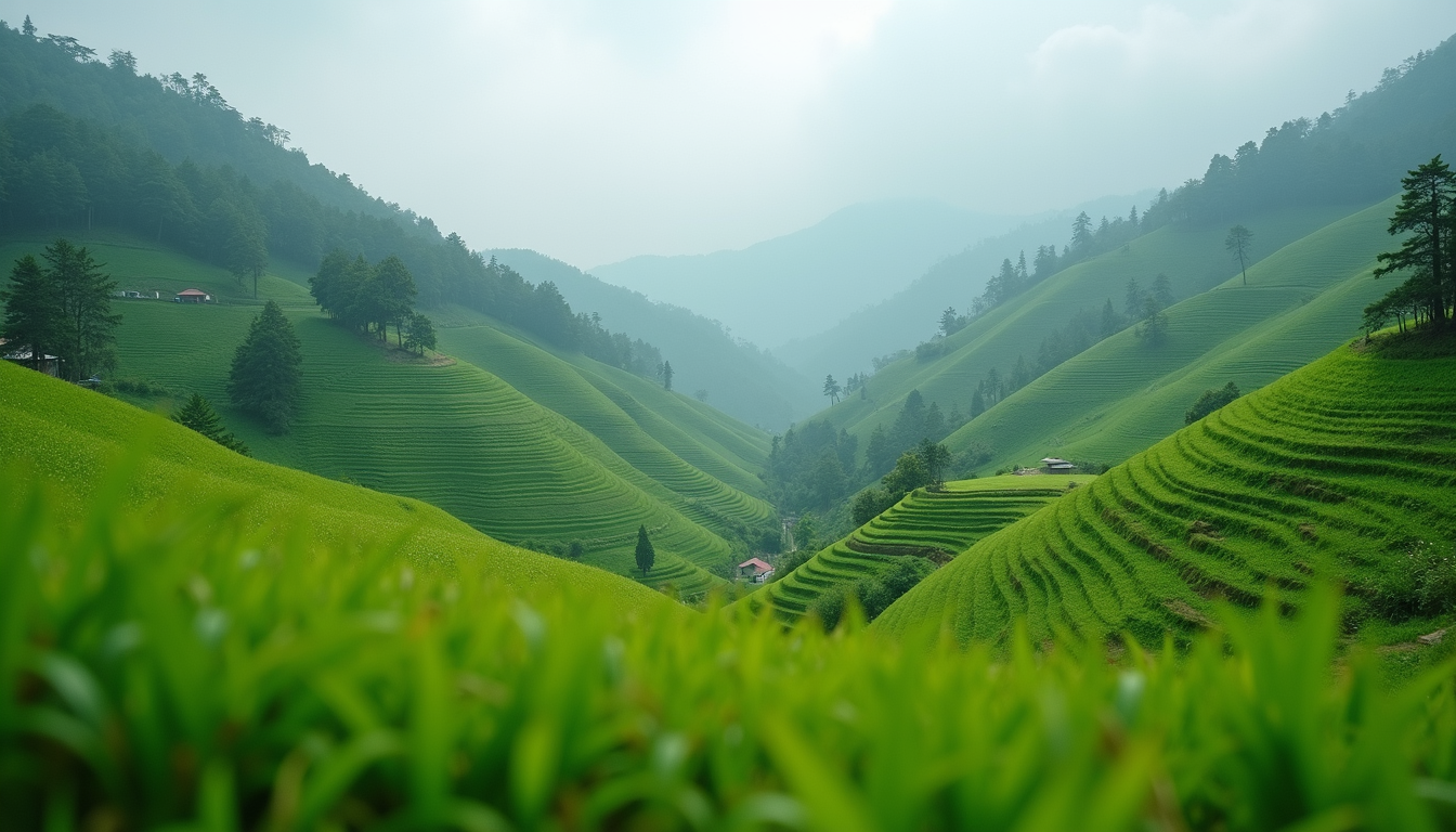 Eye-level view of a lush green hillside in Northeast India