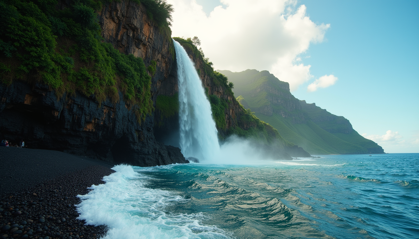 Eye-level view of Nohkalikai Waterfall cascading down the cliffs