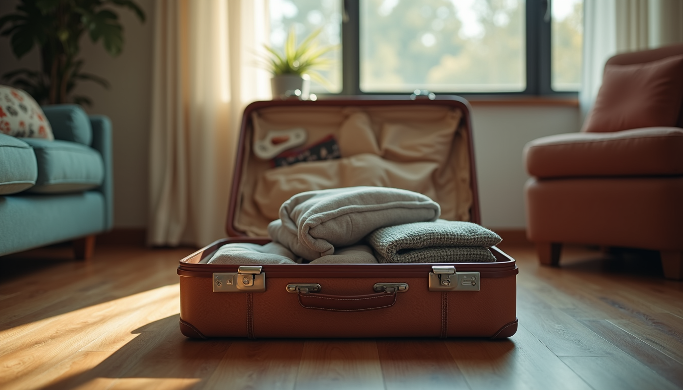 Eye-level view of a packed suitcase ready for travel