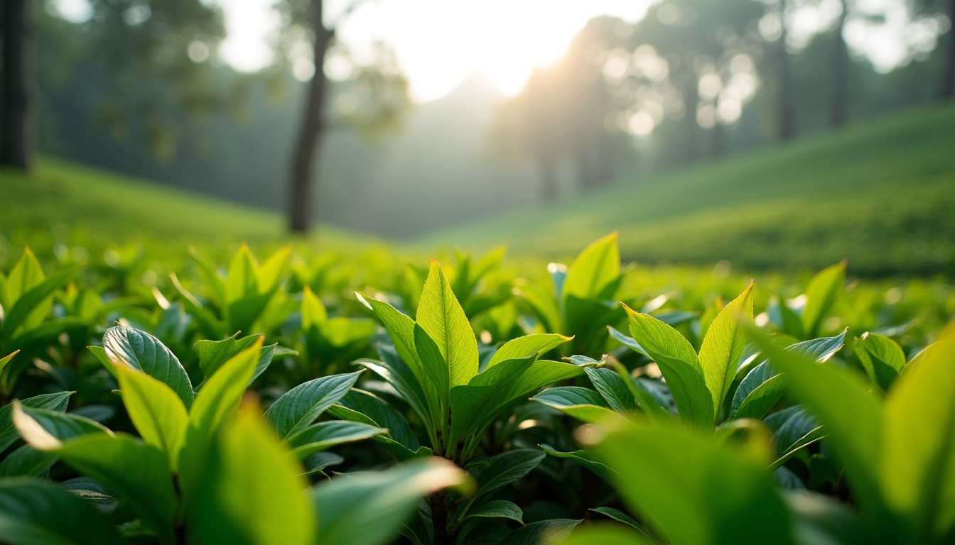 Eye-level view of lush tea gardens in Assam