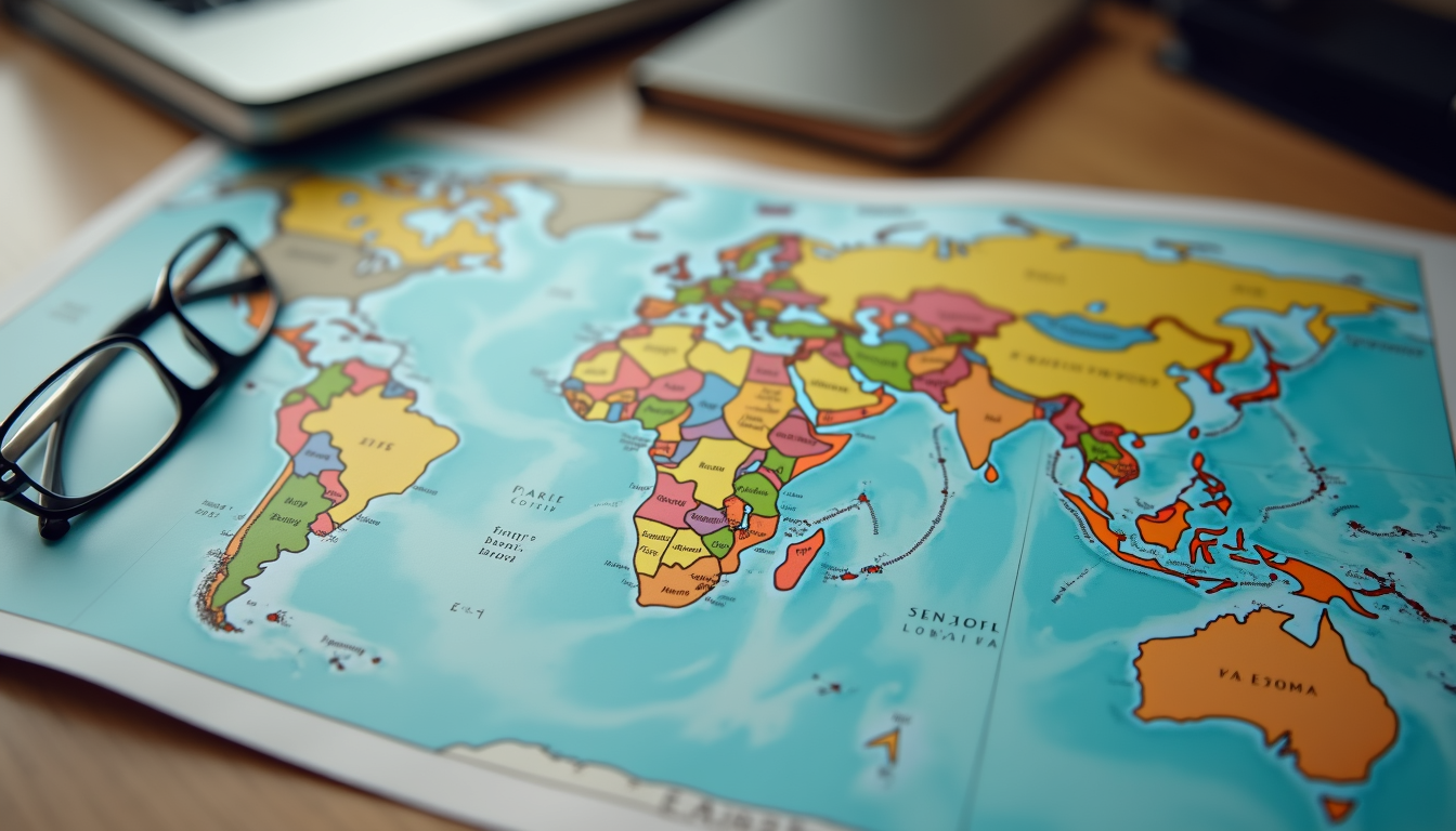 High angle view of a travel planner's desk with maps and travel guides