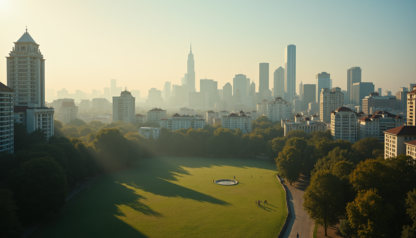Wide angle view of a bustling city with a peaceful park