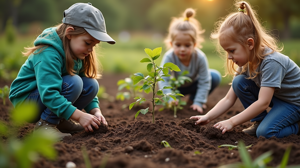 High angle view of children planting trees in a community garden