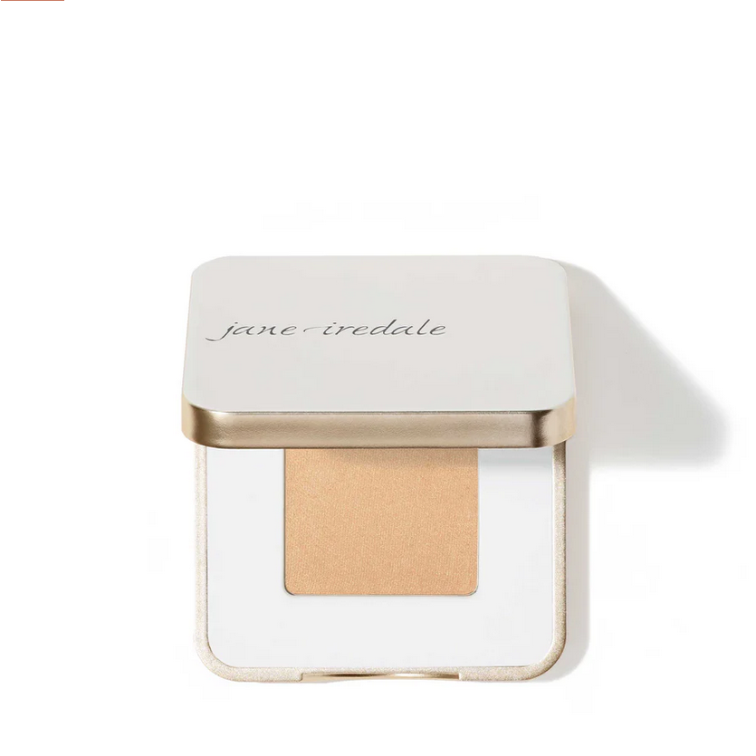 A white and gold square make up container with eye shadow.