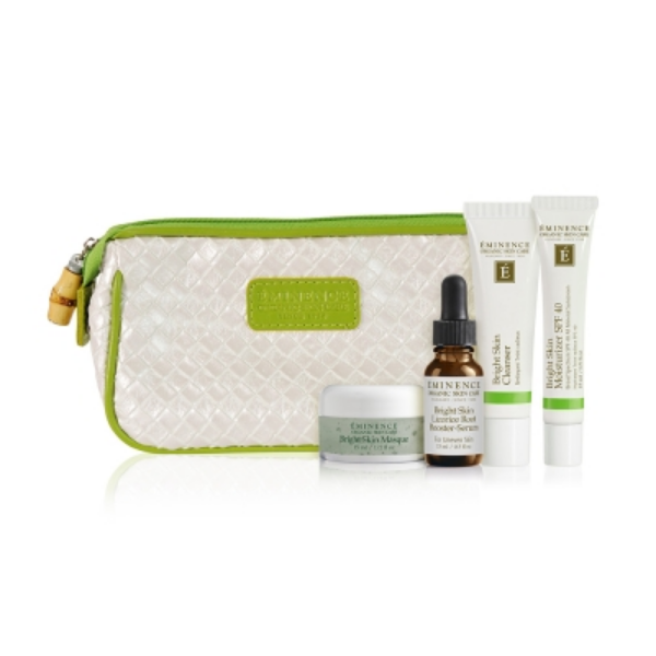 White and green bag with skincare products.