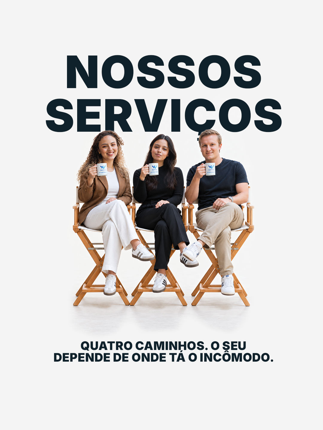 Arte da WorkWiser sobre seus serviços, com três pessoas sentadas segurando canecas