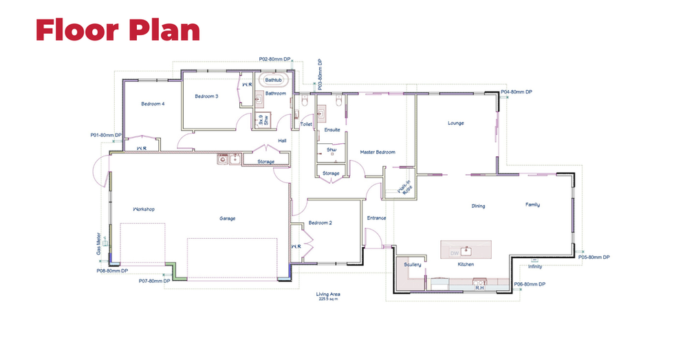 Floor plan for 5 Alan Miers Way (Lot 809), showing a four-bedroom home with lounge, open-plan kitchen, dining and family area, scullery, two bathrooms, separate toilet, double garage and workshop.