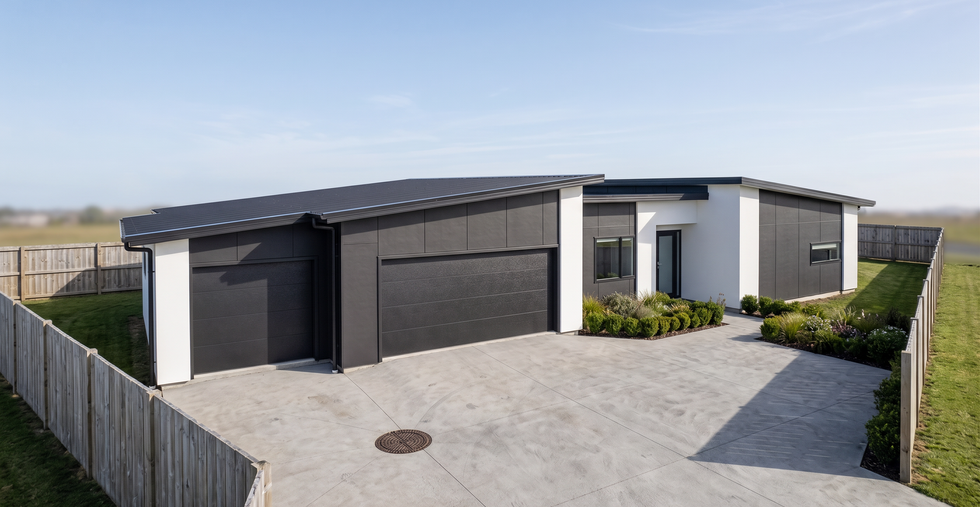 Front exterior of 5 Alan Miers Way, a modern single-storey home with dark charcoal cladding, white entrance feature, double garage, landscaped garden and fenced section.