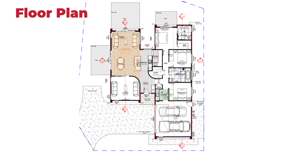 Floor plan for lot 808 Alan Miers Way, showing a 3-bedroom home with lounge, open-plan kitchen, dining and family area, scullery, 2 bathrooms, and double garage.
