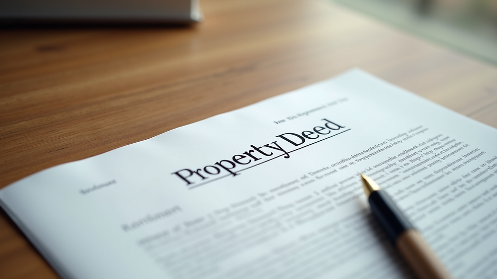 Close-up view of a property deed document on a wooden table