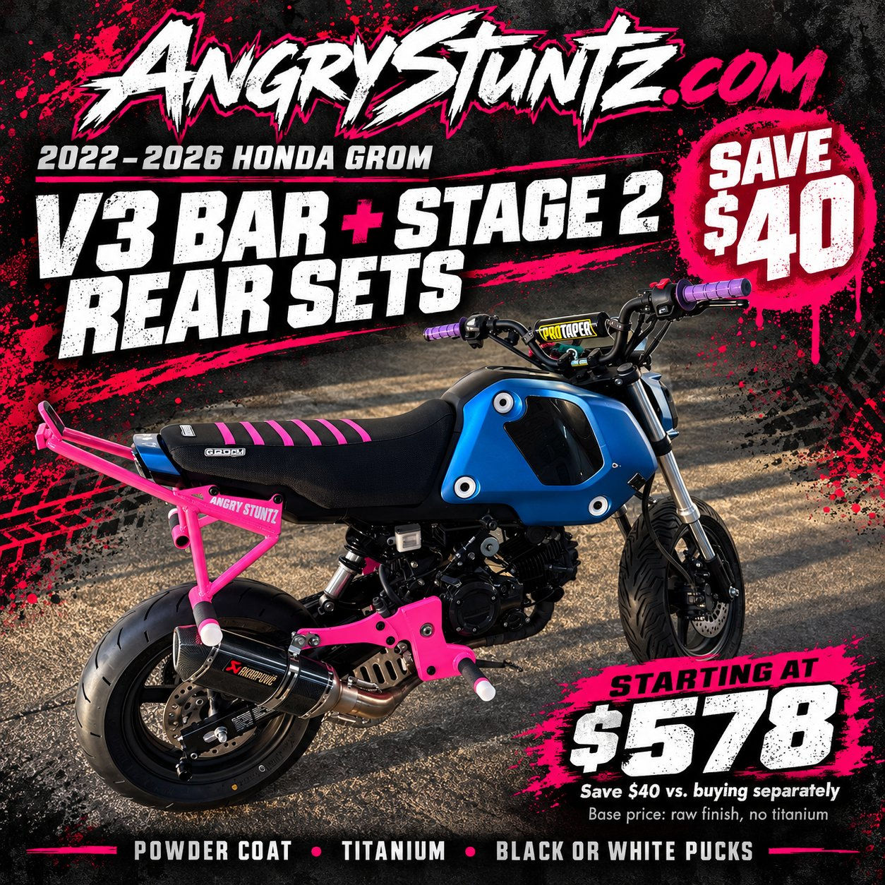 2022-2026 Honda Grom V3 bar and Stage 2 rear sets combo - save $40