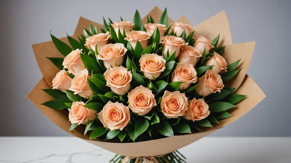 Eye-level view of a beautifully wrapped bouquet ready for gifting