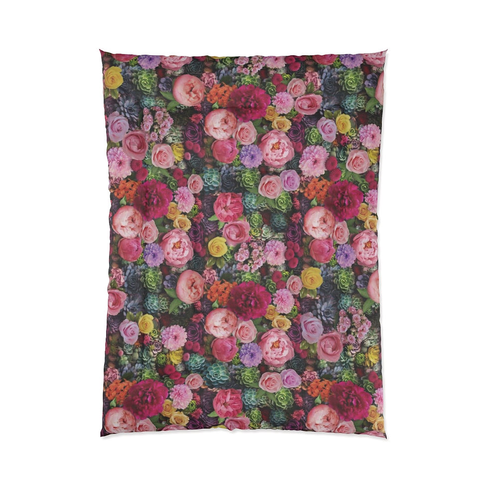 Floral Twin X top view with Bed of Flowers textile print with pink peonies, yellow roses, pink kalanchoe, violet dahlias, pastel succulents. Modern Botanical textile design for beddings by Georgie and Lexy Gifts and Home.