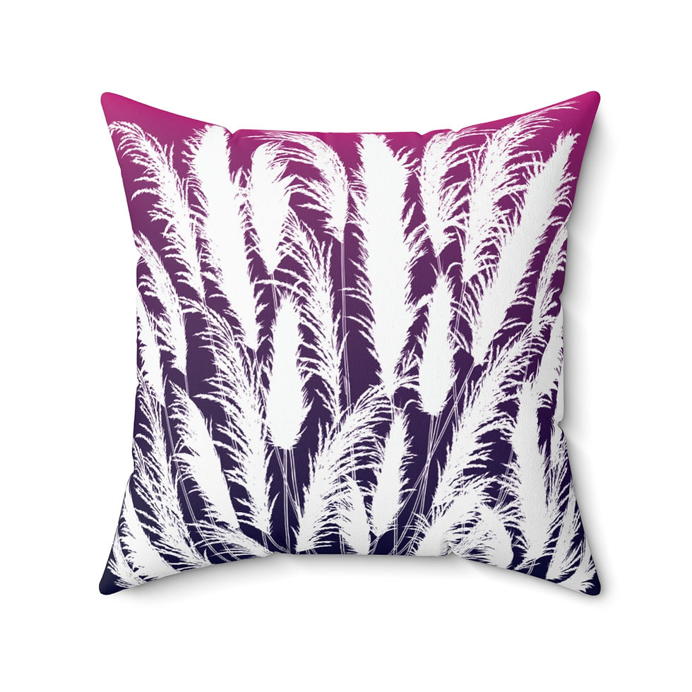 Thumbnail: Purple and white Throw Pillow with printed white pampas grass silhouettes on a sunset purple background. On white clearcut background. Sunset White Grass is a Modern Botanical print design for home by Georgie and Lexy Gifts and Home.