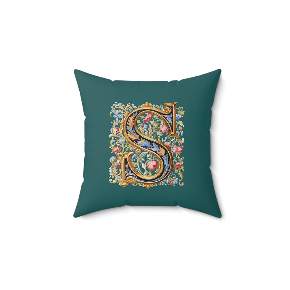 Thumbnail: Personalized Faux Suede Blue Green Throw Pillows with Illuminated Floral Alphabet S. Georgie and Lexy Gifts and Home USA.