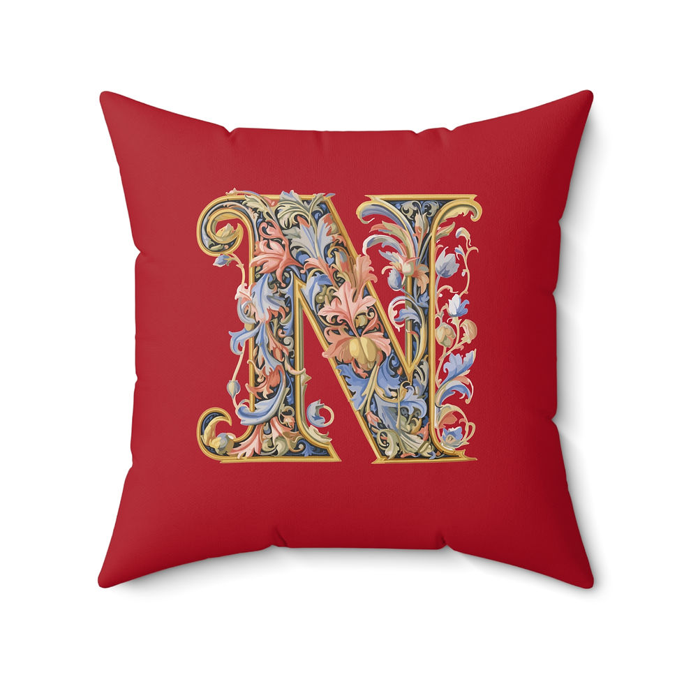 Thumbnail: Personalized Faux Suede Red Throw Pillows with Illuminated Floral Alphabet N. Georgie and Lexy Gifts and Home USA.