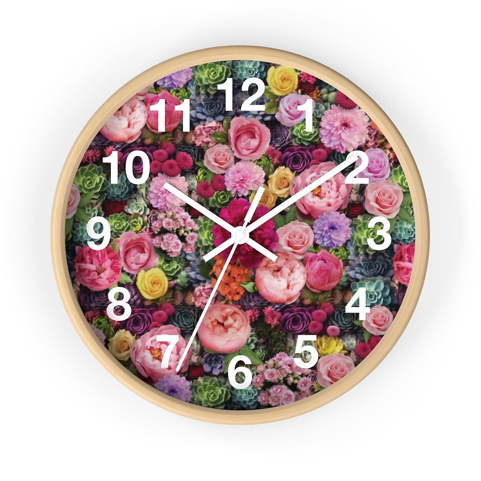 Thumbnail: Floral wall clock with Bed of Flowers pink peonies, pink and yellow roses. By Georgie and Lexy Gifts and Home. USA Online.