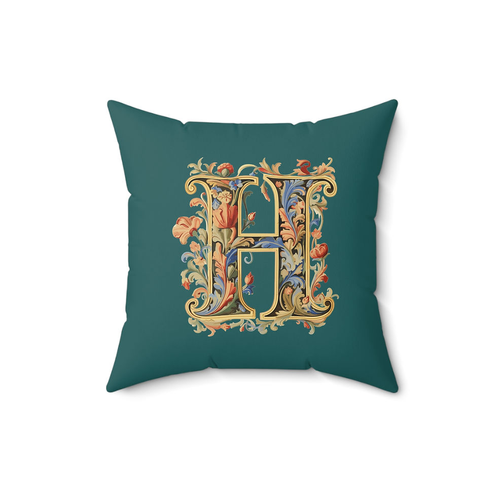 Thumbnail: Personalized Faux Suede Blue Green Throw Pillows with Illuminated Floral Alphabet H. Georgie and Lexy Gifts and Home USA.