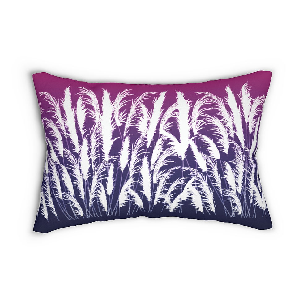 Thumbnail: purple and white sunset white pampas grass silhouette printed lumbar pillow sham by georgie and lexy gifts and home bedding
