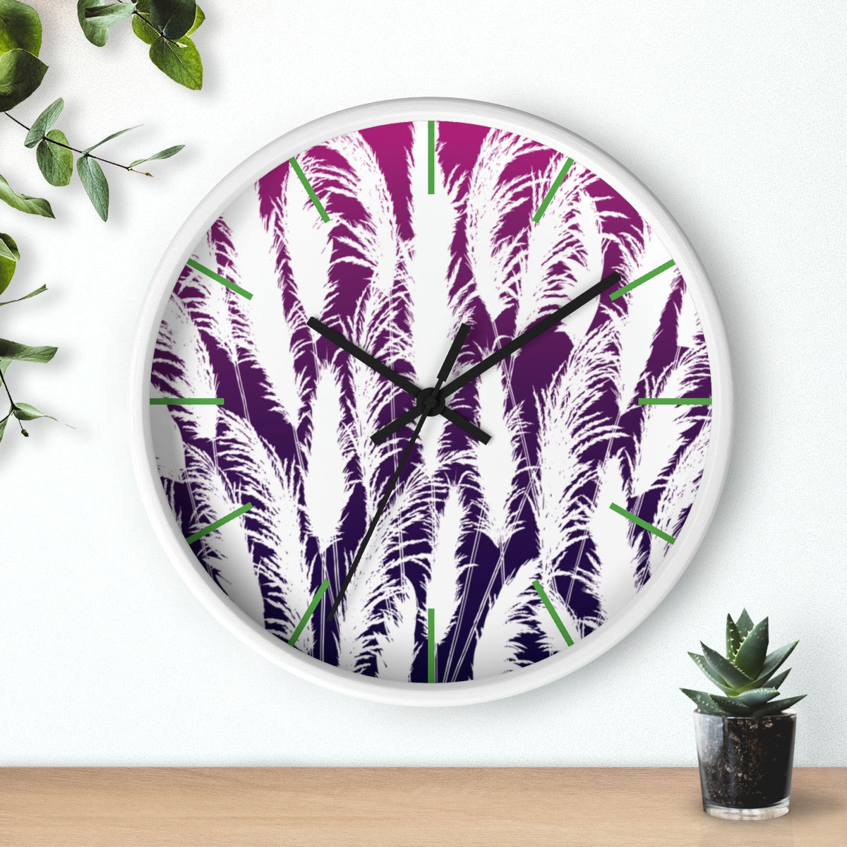 purple and white sunset white pampas grass silhouette printed wall clock sham by georgie and lexy gifts and home wall decor