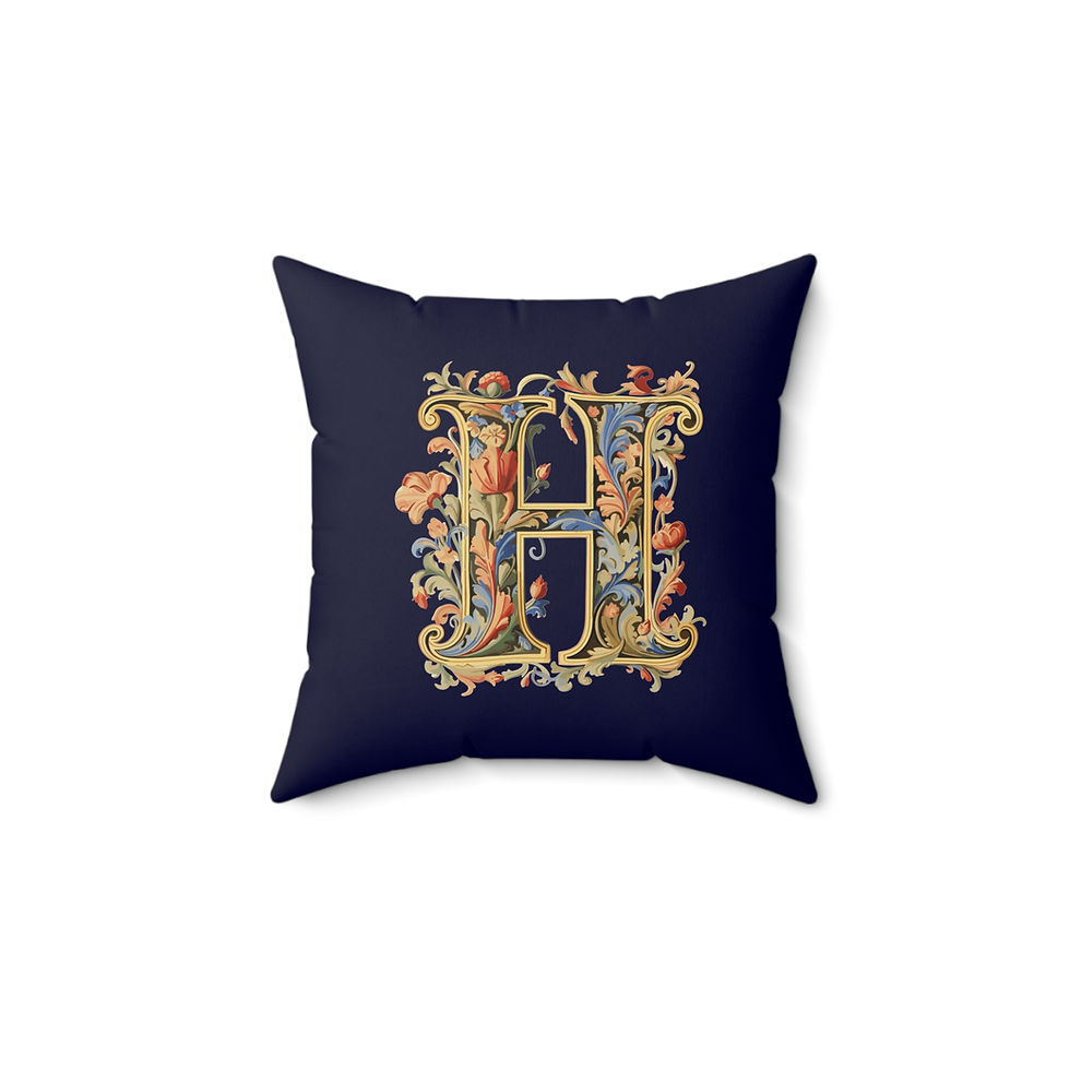 Thumbnail: Personalized Faux Suede Navy BlueThrow Pillows with Illuminated Floral Alphabet H. Georgie and Lexy Gifts and Home USA.