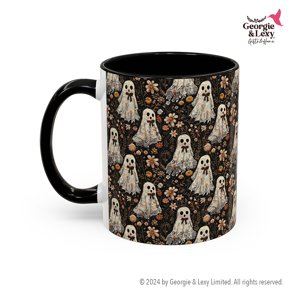 Thumbnail: Halloween Mug 11oz Black. Cute Cottagecore Ghost in Lace. Miss Lacy Boo Mug for USA by Georgie & Lexy Gifts & Home.